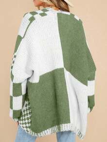 Cárdigan de punto oversize a cuadros para mujer, abrigo de manga larga con bloque de color a cuadros y apertura delantera - Verde - Ver 4