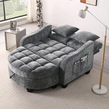 YOGLAD Modern Chaise Lounge Sofa Chair Indoor With Storage Ottoman, 2 Seater Sofa With Chaise Lounge, Irregular Armrest Loveseat Couch With Checkered Cushions And 2 Throw Pillows, Comfortable Fabric Upholstered Small Sofa For Living Room Bedroom Apartment, Easy Assembly - 灰色 - 查看 5