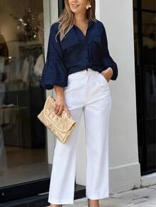 Áo sơ mi nữ tay chuông màu trơn thanh lịch, kiểu dáng thường ngày, phù hợp đi làm - Bộ sưu tập Xuân/Thu mới - Màu xanh lam - Xem 2