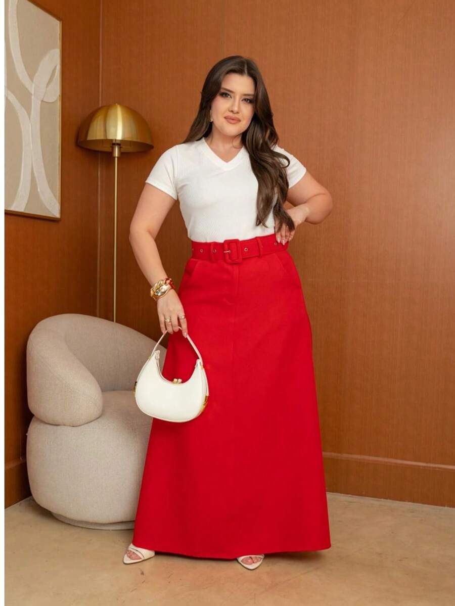 Saia Feminina Longa Alfaiataria ,Bolso Lateral E Ziper frontal Acompanha Cinto Moda Evangelica