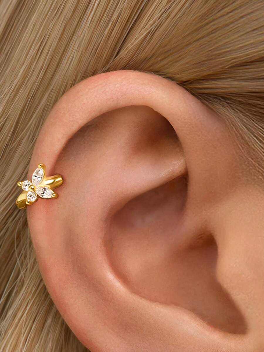 1pc 925 Sterling Silver Cubic Zirconia Butterfly Earring, Gold Butterfly Ear Stud Earring, Suitable For Women's Daily Wear (Sold Individually, Not A Pair) - Butterfly Earrings - View 1