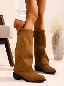 2025 秋冬修身绒面革过膝中筒粗跟尖头女式马术靴，西部靴 - 卡其色 - 查看 5