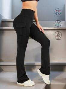 高腰修身喇叭瑜伽裤，带口袋，女士休闲运动长裤 - 黑色 - 查看 3