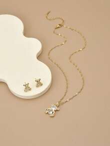 1 件时尚方晶锆石熊形不锈钢女士项链，1 对时尚方晶锆石熊形不锈钢女士耳环，黄金首饰，金项链，女士配饰，送给她的礼物，派对，暑假 - 白色 - 查看 9