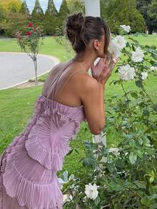 Bohemia Women's Elegant Backless Long Skirt Sleeveless High Waisted Pleated Ruffle Party Dance Evening Gown - 紫色 - 查看 5