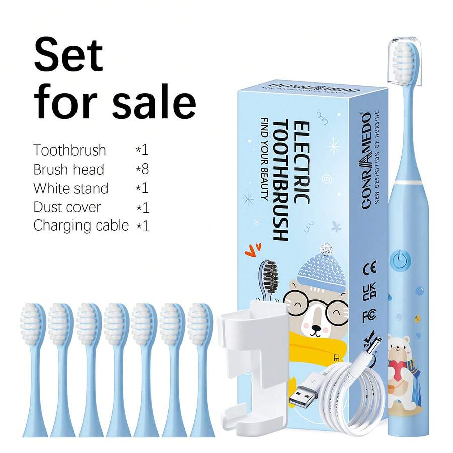 1支电动牙刷，配8个替换刷头，USB充电，5档速度调节。男女通用口腔护理产品，清洁牙齿，美白牙齿，柔软刷毛，呵护敏感牙齿。包含壁挂支架和防尘罩。 - 藍色 - 查看 1