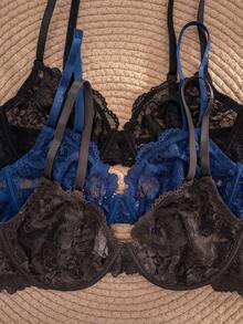 3pcs Women's Solid Color Lace Thin Cup Underwire Comfortable Bras - Multicolor - View 6