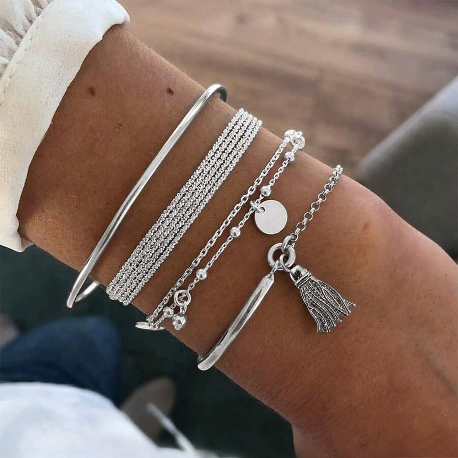 4pcs Women's Summer Bracelet Set For Cuffs - Silver - View 1
