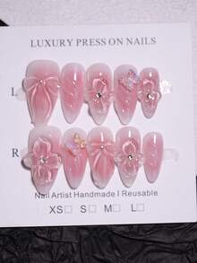 100% Handmade Press On Nails 3D Floral And Bow Knot Nail Decoration Blush Ombre Rose Pink Manual Nails Almond 10pcs Fake Nail Tips Reusable Nail Art Design Nail Products For Women And Girls Nail Supplies - Pink - View 13