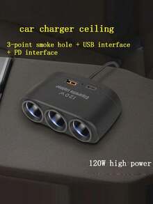 1pc 120W Car Cigarette Lighter Socket 12V Multi-Function Converter USB Fast Charging Car Accessory Car Charger - Black - View 3