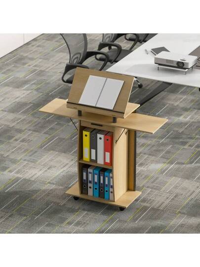 HOMCOM Rollbarer Podium St Lectern Folding Side Wings, Laptop Bureau Drawer Shelves, Oak Look view 11