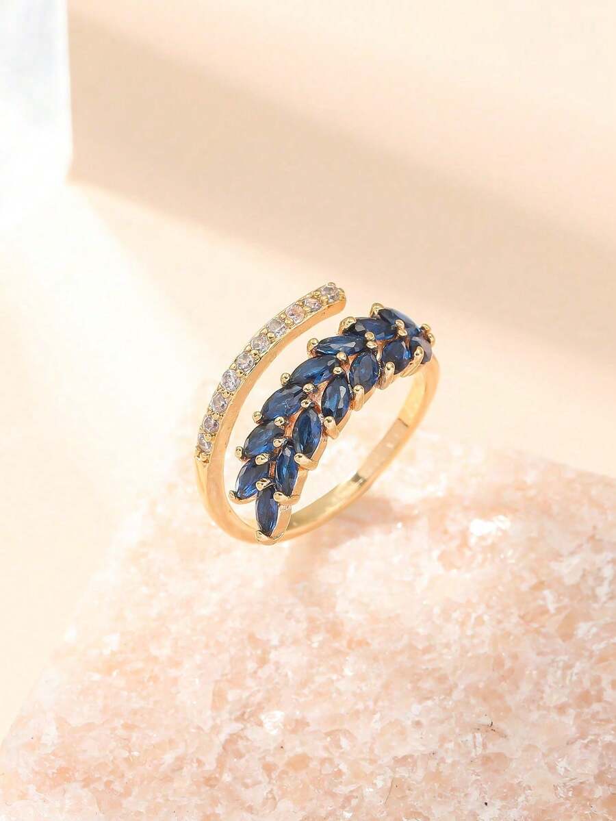 1 chiếc nhẫn hở có thể điều chỉnh hình tai lúa mì sang trọng bằng đồng khảm đá Cubic Zirconia, thiết kế theo phong cách tối giản, phù hợp cho phụ nữ đeo hàng ngày, làm quà tặng cho bạn bè