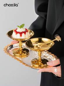 choxila 1pc Stainless Steel Ice Cream Cup, Metal Serving Dessert Bowl, Serving Tray, Food Plates, High Footed Yogurt Snack Candy Cups For Salad Fruit Pudding, Silver/ Gold, Family Gatherings, Weddings, Ramadan, Eid Al-Adha - Multicolor - View 6