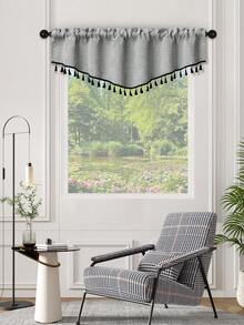 1pc Beige V-Shaped Tassel Curtain, Farmhouse Style Faux Linen Material Short Drape, Room Divider Suitable For Living Room, Bedroom, Window And Door Decor - Grey - View 8