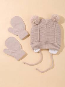 婴儿针织帽+婴儿手套2件套耳罩带长绳和双绒球针织帽可以更好地保护婴儿男孩女孩秋冬季都可以戴。 - 針織帽+手套組合 - 查看 7