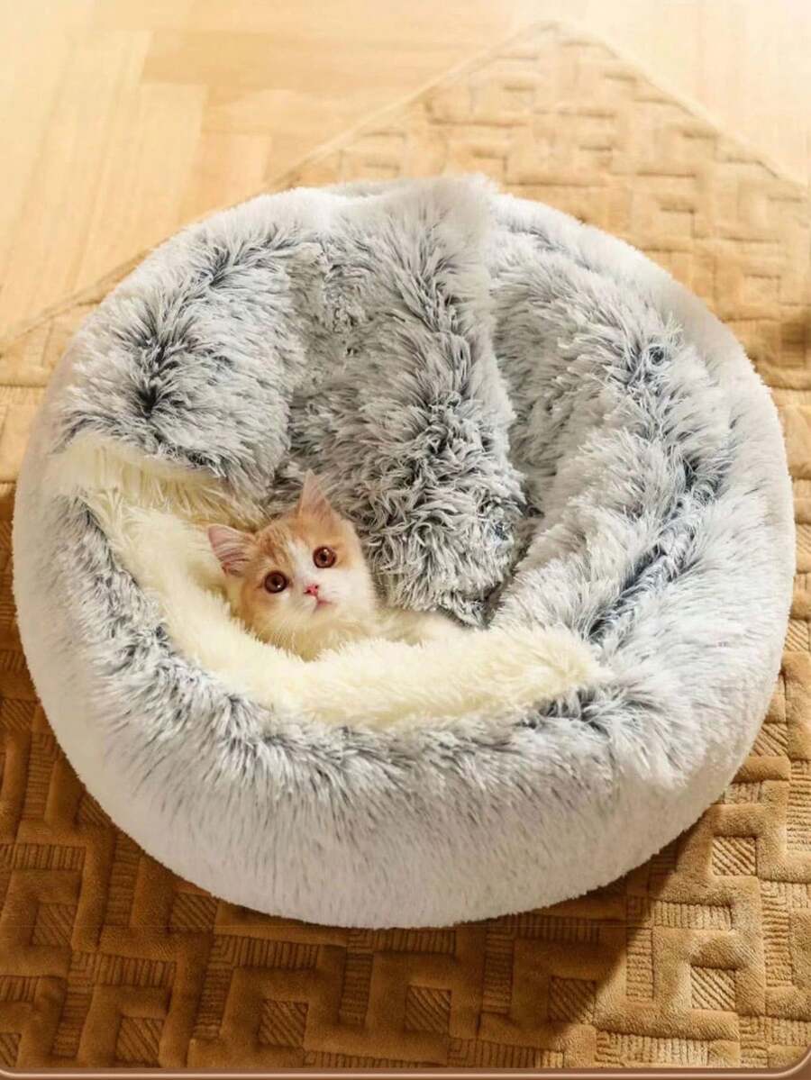 1 Stück Plüsch Katzen Bett Haus, waschbares Haustier Höhle Nest, warmes Haustier Kennel für Katzen, Kaninchen, kleine Hunde für den Innenbereich im Winter - Grau - Übersicht 1