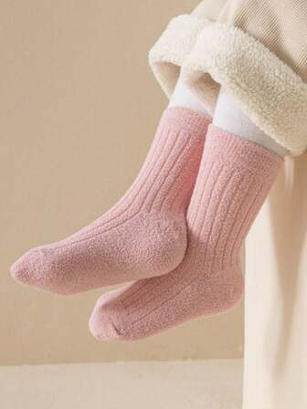 3双装儿童纯色保暖双面抓绒中筒袜，秋冬季