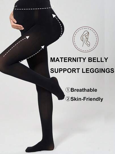 1 pieza Leggings de maternidad de estilo romántico francés con soporte abdominal y reducción de presión, ajuste invisible y cómodo, sin restricciones, de color negro clásico, de grosor medio, para uso en primavera y otoño, ideal para cenas navideñas, cenas a la luz de las velas, visitas a mercados navideños