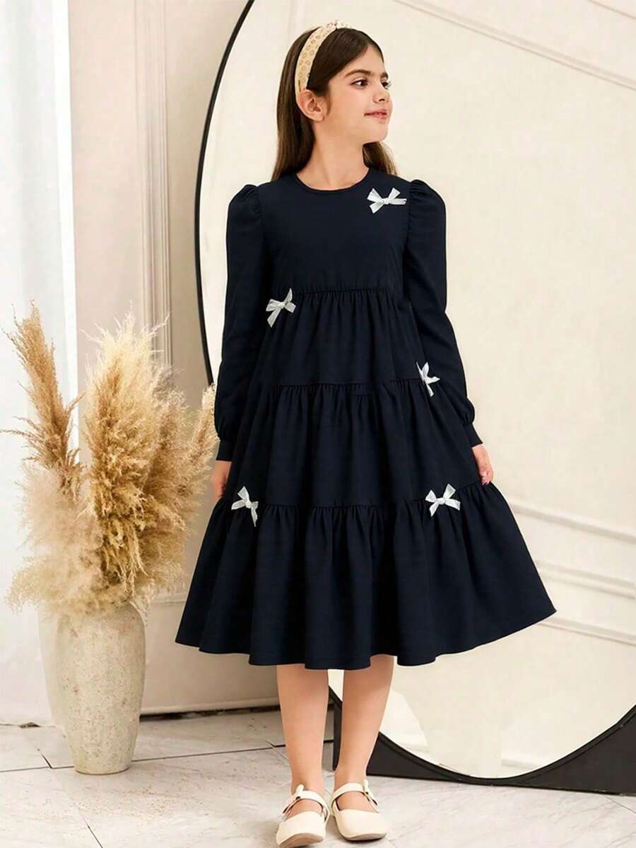 Girls' Solid Color Bow Long Sleeve Casual Dress, Spring/Autumn - Black - View 1