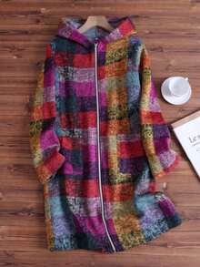 Chaqueta con capucha con cremallera, estampado a cuadros, manga larga, bolsillo, corte asimétrico, estilo de moda casual de calle para mujer en otoño/invierno - Multicolor - Ver 5