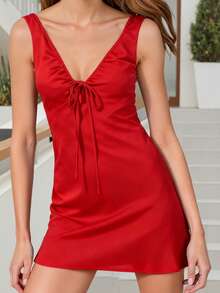 Vestido mini de verano para mujer, sin mangas, con cuello en V, lazo frontal, estampado de lunares y color liso - Rojo - Ver 5