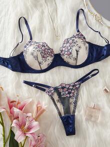 2 piezas Conjunto de lencería semitransparente con bordado floral azul marino sexy para mujer - Multicolor - Ver 1