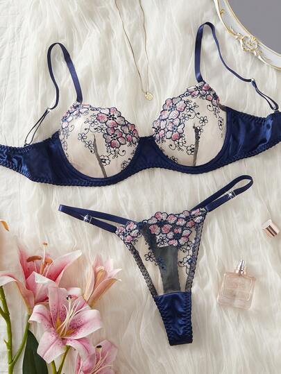 两件套女士性感海军蓝花卉刺绣半透明内衣套装
