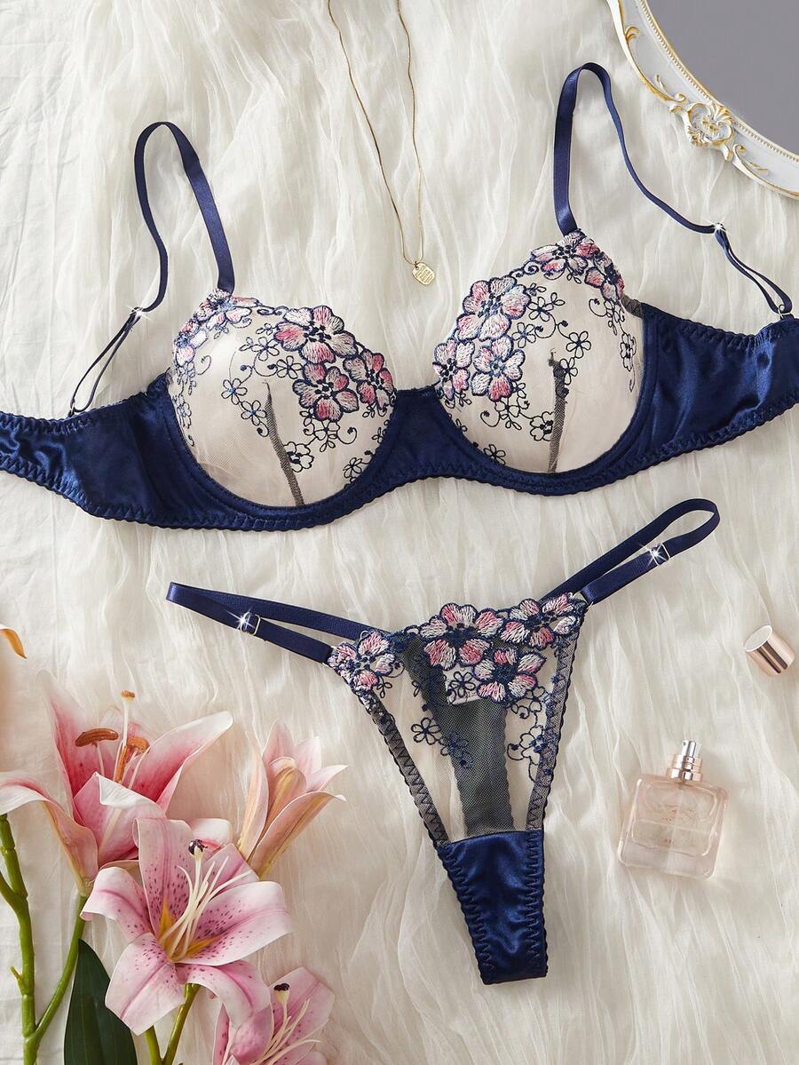 2 piezas Conjunto de lencería semitransparente con bordado floral azul marino sexy para mujer - Multicolor - Ver 1