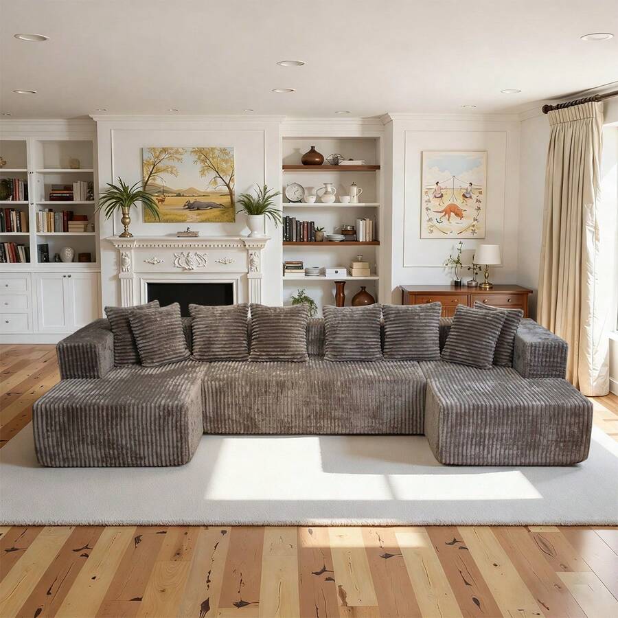 132" U-Shaped Cloud Sofa Set With Recliner, Modern Modular Sofa Featuring Soft Cushions And Lounge Chair. Bone-Free Upholstered Sofa Suitable For Living Rooms And Bedrooms, Crafted With Plush Corduroy Fabric. - 卡其色 - 查看 1