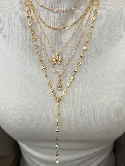 5 Peças Conjunto de Colares em Formato de Y, Design Vintage Elegante e Minimalista da Moda com Laço, Gota d'Água, Coração, Strass, Pérola Falsa, Pingente de Borla, Colar em Y, Adequado para Feriados, Festas, Uso Diário, Presente