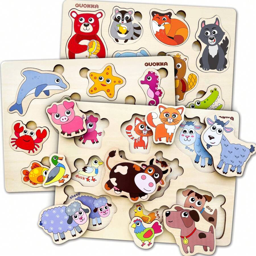 QUOKKA Wooden Puzzles For Toddlers Ages 1-3 – Educational Wooden Toys For Kids Ages 3-5 - Animal Sea, Bugs And Birds Learning Toy For Kids - 3 Set - 查看 1