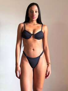 Underwire Bikini With Adjustable Straps And Thong Panties - Black Rim - View 2