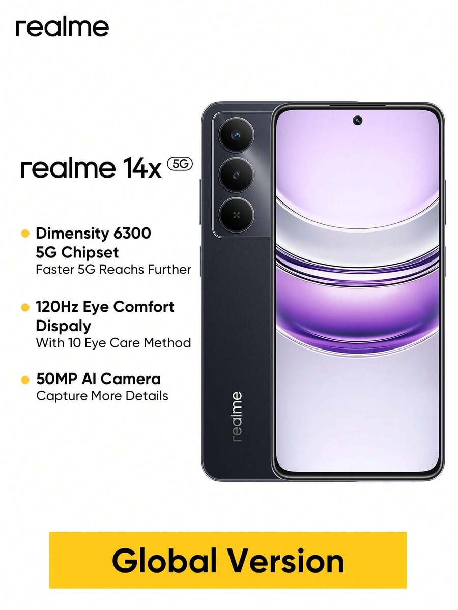 Realme 14X 智慧型手機 6GB+128GB / 8GB+256GB 全球版,Android 15 解鎖手機,Dimensity 6300 處理器,5000mAh 大電池,6.67 吋 120Hz HD 螢幕,AI 5G LTE,不含適配器 - 黑色 - 查看 1