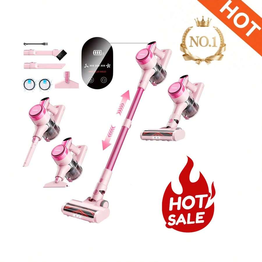 Homeika Cordless Vacuum Cleaner, 300W 23KPa Powerful Suction Vacuum With LED Display, 3 Suction, 48mins Runtime, Lightweight Stick Cleaner With Sofa Brush For Hard Floor/Carpet/Pet Hair/Car - 粉色 - 查看 1