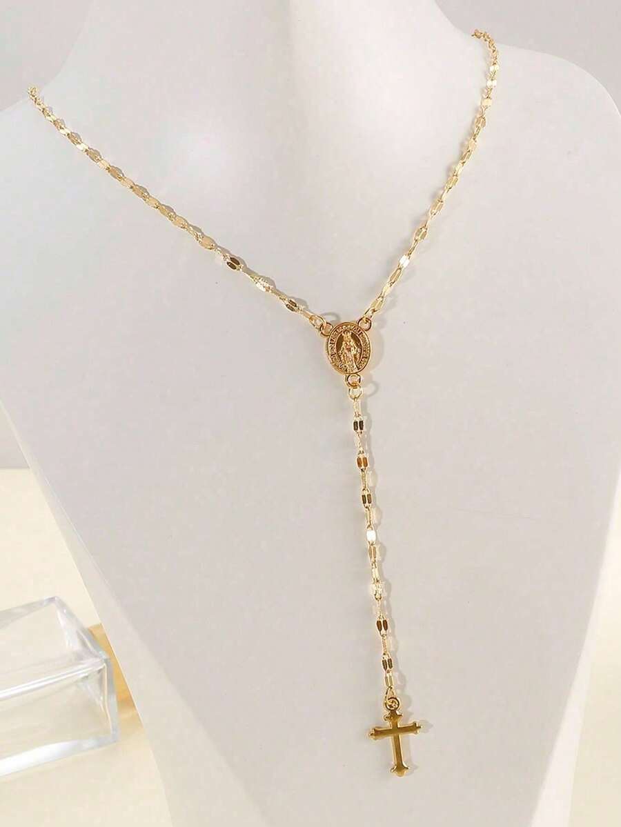 1pc Vintage Style Women's New Cross & Virgin Mary Tag Pendant Necklace With Tassel, Delicate Faith Jewelry For Daily Wear, Birthday, Anniversary, Party Gift