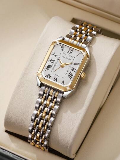 1pc Women's Classic Elegant Quartz Wrist Watch, Square Dial With Roman Numerals, Stainless Steel Strap