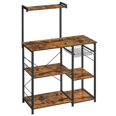 VASAGLE Kitchen Shelf, Standing Shelf With Metal Basket, Baking Rack With 6 S Hooks And Shelves, Microwave Shelf, Spice Rack, For Pots And Pans, Industrial Design, Vintage, Dark Brown KKS35X