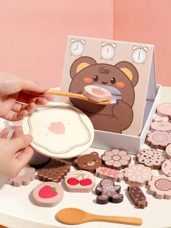 1套蒙特梭利木制饼干喂食游戏套装，30件彩色小熊兔子过家家玩具，适合3-6岁幼儿，美味饼干下午茶角色扮演，锻炼精细动作和日常生活技能，蒙特梭利玩具，学前班幼儿园亲子活动，圣诞节生日礼物，适合男孩女孩
