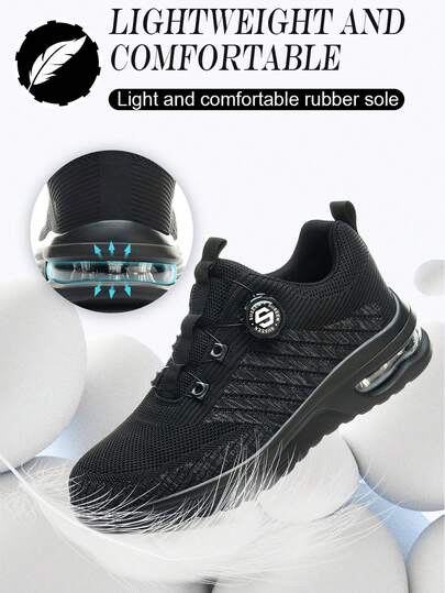 男士黑色钢头安全靴，旋转扣设计，方便穿脱，防砸、防刺、防滑、透气，EVA+橡胶减震鞋底，战术徒步风格，适合建筑工地/仓库/园艺/户外及日常穿着，尺码41-46