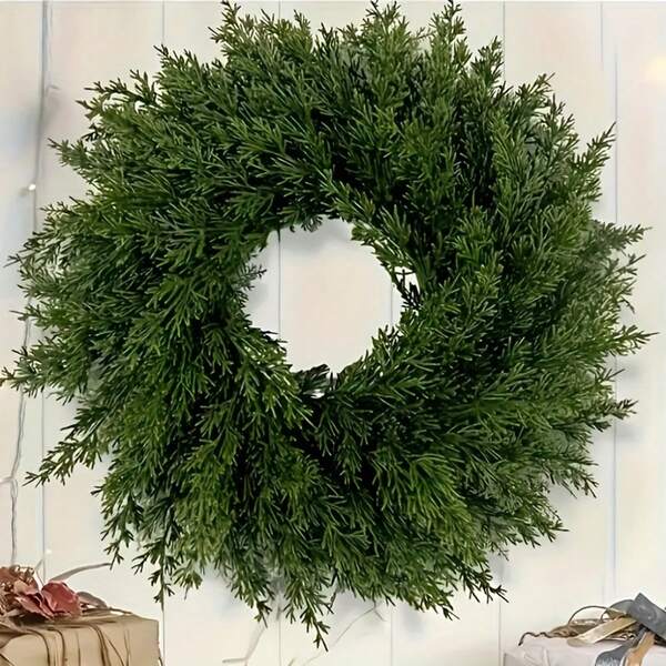 1pc Realistic Artificial Green Pine Wreath, Evergreen Decor For Christmas, Suitable For Winter Home Decoration, Indoor/Outdoor Home Wall, Window, Porch And Farmhouse Decor, Thanksgiving Decor, Christmas Outdoor Decor, Holiday Wreath, Traditional Wreath, Country Decor, Durable Decor, High Quality Wreath, Window Decor, Wall Hanging