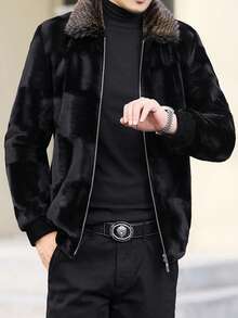 男士长袖时尚撞色仿皮草外套，奢华加厚保暖翻领皮草，适合冬季穿着。