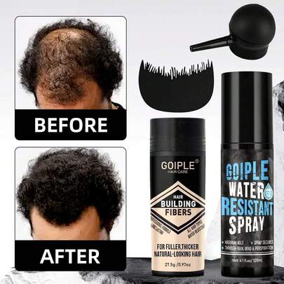 Goiple Set de fibra capilar y spray de fibra capilar impermeable para hombres, spray de peinado de fibra capilar para mejorar la conexión de la fibra capilar y proporcionar un fuerte agarre para un peinado talla grande lleno y natural, potenciador de línea del cabello impermeable y spray volumizador para el cabello/barba, incluye dispensador con bomba y optimizador (27.5g de fibra capilar, 30g de recarga de fibra, 120ml de spray impermeable)