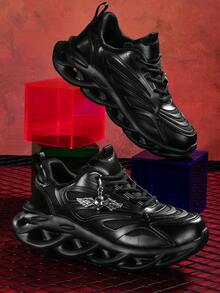 5厘米增高女式时尚休闲运动鞋，配有可拆卸3D金属银色闪亮万圣节骷髅装饰链，朋克风高底EVA厚底轻便减震防滑透气网面夏季凉鞋，圆头系带黑色大码鞋，适合大学生、青少年日常穿着，也适合约会、健身、办公等场合。 - 黑色 - 查看 11