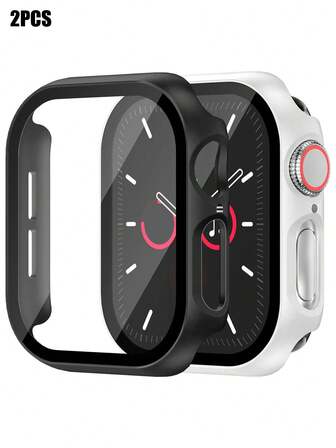 2pcs Men Women Fashionable Casual PC Smart Watch Case 2 In 1 Ultra-Thin Tempered Glass Screen Protector & Case, For Apple Watch Band 40/41/42/44/45/46/49mm, For Series Ultra/SE/11/10/9/8/7/6/5/4, Intelligent Watch Accessories, Black+Silver