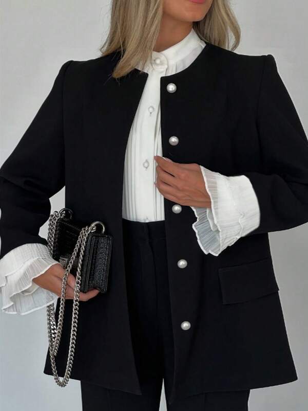 Women's Solid Color Thick Wool Blend Button Front Pocket Jacket, Romantic & Elegant, Suitable For Commuting And Daily Wear, Christmas And New Year French Lace Pearl Button Solid Color Front Button Office Jacket, Autumn/Winter