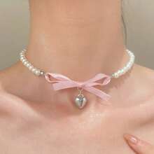 1pc Elegant Necklaces For Women,Heart Shaped Bow Pendant,Pink Choker,Pearl Necklace,Heart Necklaces,Gifts For Women,Jewelry Women