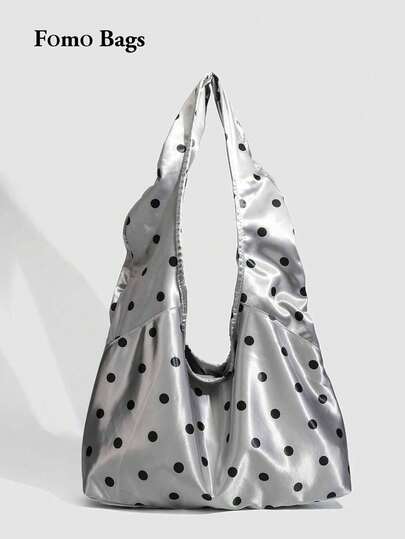 Bolsa de ombro única oval de cetim com bolinhas prateadas, bolsa totee e versátil para uso diário, com grande capacidade