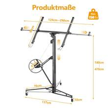 Gipskartonplatten-Heber für Wände & Decken | Tragkraft 68 kg, Höhe 140-335 cm Verstellbar | Klappbar mit 3 Bremsrädern, 60° Neigung