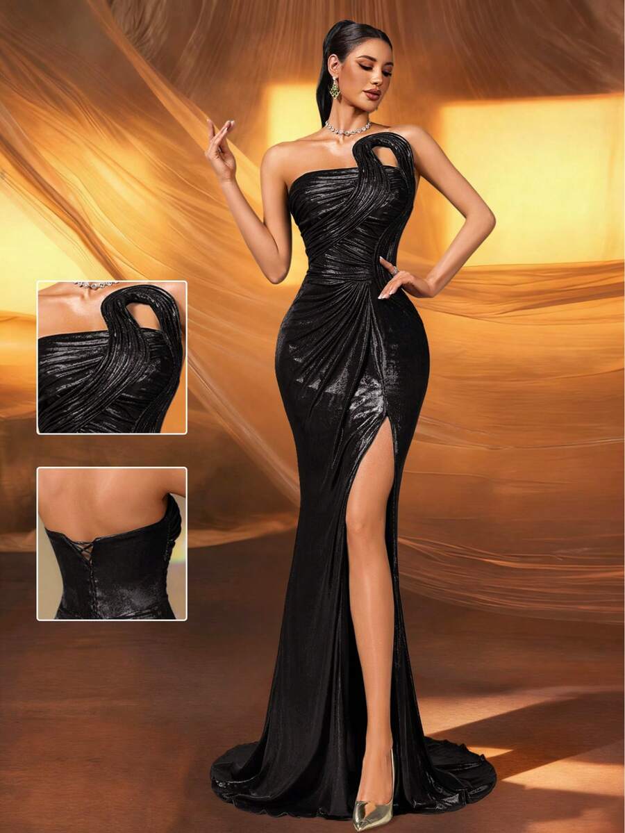 Smilprince 奢华黑色单肩垂坠美人鱼礼服，金属光泽，高开衩，正式晚礼服，女士舞会礼服，婚礼宾客礼服，迷人舞会礼服，长款晚礼服，派对礼服 - 黑色 - 查看 1