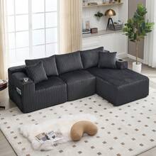 Sofagarnitur mit Chaiselongue und 2 Sitzen, weichem Kordelbezug, mit 5 Kissen, Seitentaschen und Getränkehalter, hochdichtem Schaumstoff, Kombination, für Wohnzimmer, Wohnung und Studio. - Grau + Cord + Schaumstoff + 3 Sitze - Übersicht 1